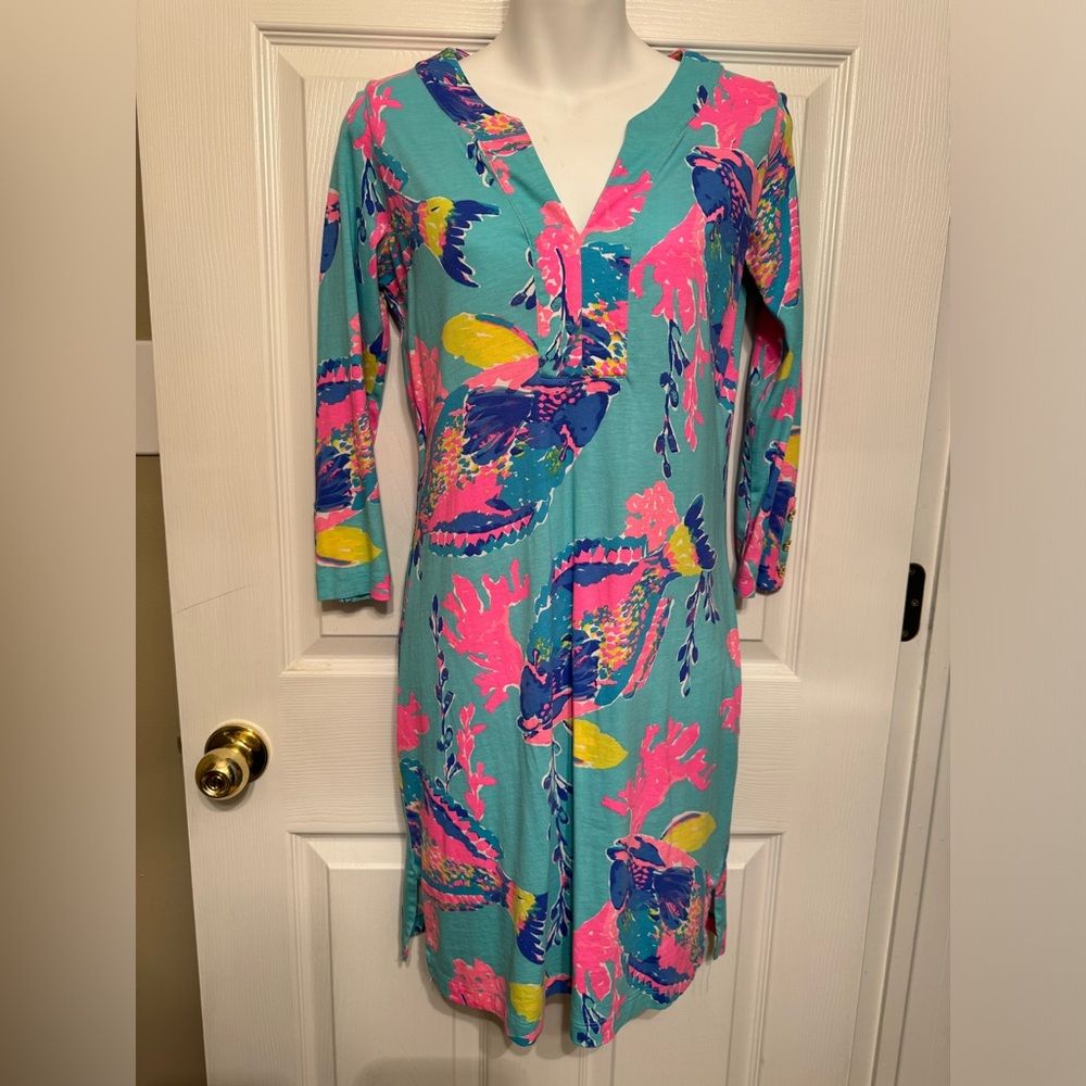 Lilly Pulitzer Riva Dress Shorely Blue Sandstorm Size Xs V Neck